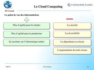 Le Cloud Computing	

  !
HT Consult

Le point de vue des informaticiens	




             Plus d’agilité pour les études	

                                 La sécurité	
  
                            	
  

            Plus d’agilité pour la production	

                             La réversibilité	

                            	
                                                      	
  

      Se recentrer sur l’informatique métier	

                         La dépendance au réseau	

                          	
                                                      	
  

                                                                     L’augmentation du traﬁc réseau	

                                                                                   	
  




 19/03/13                                          Cloud Computing                                   30
 