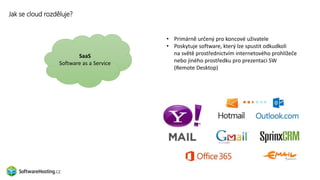 Jak se cloud rozděluje?
SaaS
Software as a Service
• Primárně určený pro koncové uživatele
• Poskytuje software, který lze spustit odkudkoli
na světě prostřednictvím internetového prohlížeče
nebo jiného prostředku pro prezentaci SW
(Remote Desktop)
 