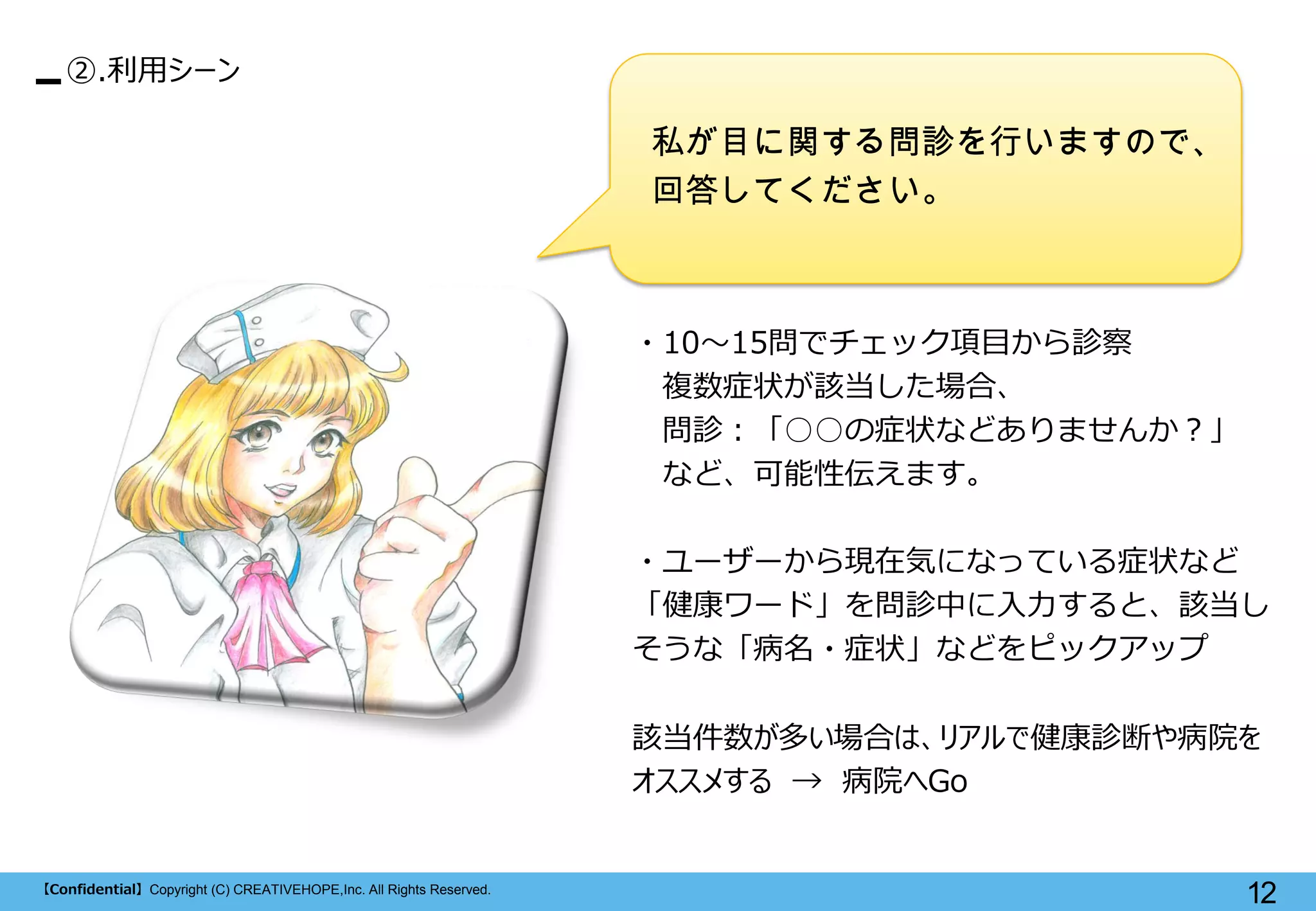 【Confidential】Copyright (C) CREATIVEHOPE,Inc. All Rights Reserved. 
12 
②.利用シーン 
私が目に関する問診を行いますので、 回答してください。 
・10～15問でチェック項目から診察 
複数症状が該当した場合、 
問診：「○○の症状などありませんか？」 
など、可能性伝えます。 
・ユーザーから現在気になっている症状など 「健康ワード」を問診中に入力すると、該当し そうな「病名・症状」などをピックアップ 
該当件数が多い場合は、リアルで健康診断や病院を オススメする → 病院へGo  