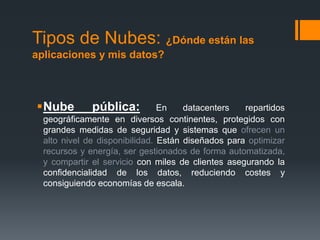 Tipos de Nubes: ¿Dónde están las
aplicaciones y mis datos?
Nube pública: En datacenters repartidos
geográficamente en diversos continentes, protegidos con
grandes medidas de seguridad y sistemas que ofrecen un
alto nivel de disponibilidad. Están diseñados para optimizar
recursos y energía, ser gestionados de forma automatizada,
y compartir el servicio con miles de clientes asegurando la
confidencialidad de los datos, reduciendo costes y
consiguiendo economías de escala.
 