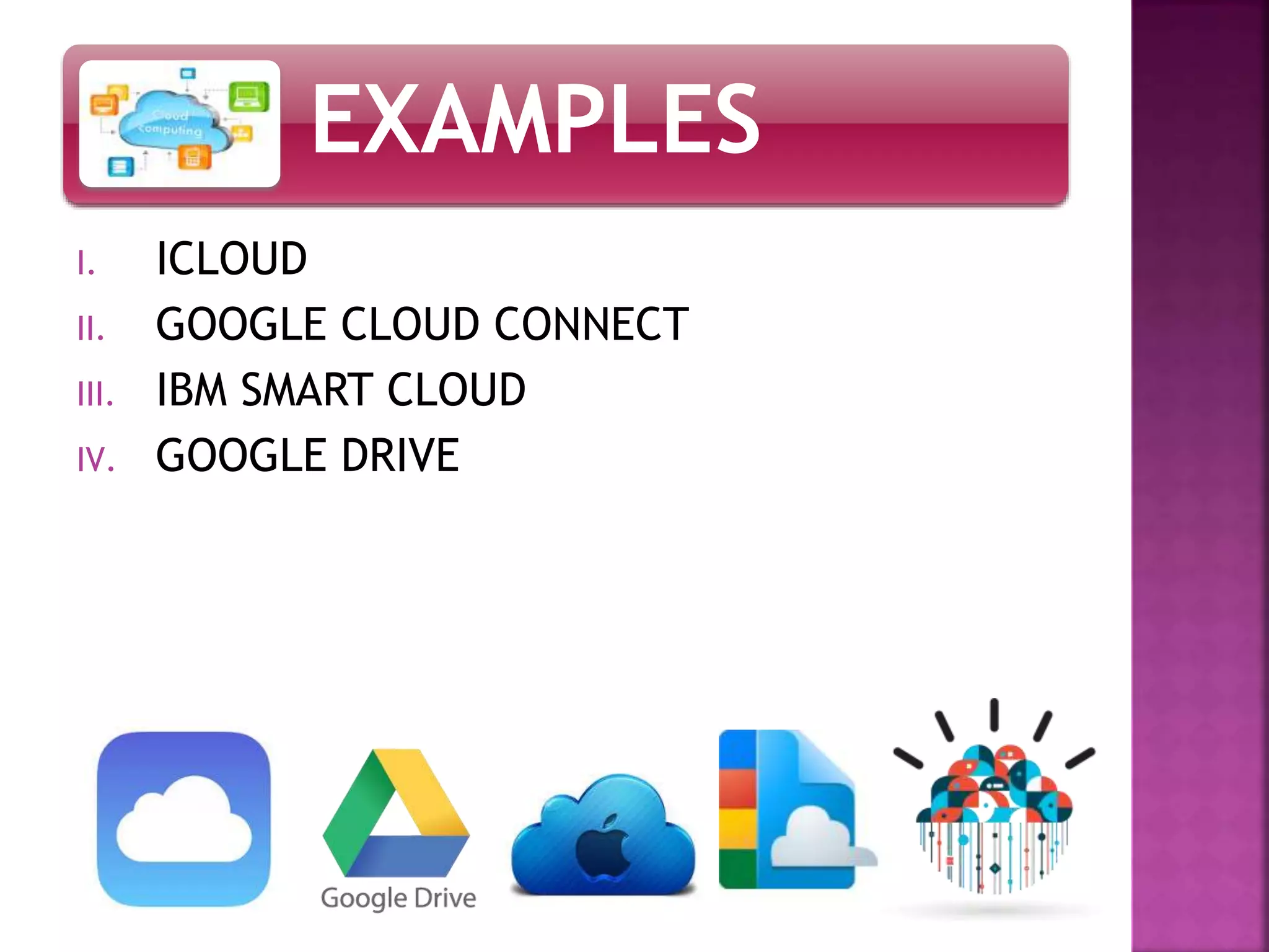 EXAMPLES
I. ICLOUD
II. GOOGLE CLOUD CONNECT
III. IBM SMART CLOUD
IV. GOOGLE DRIVE