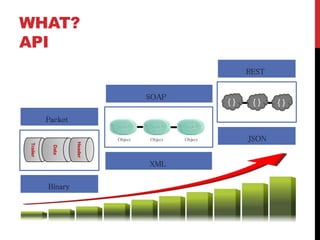 WHAT?
API
Packet
SOAP
REST
Binary
XML
JSON
Trailer
Data
Header
Object Object Object
{ } { } { }
 