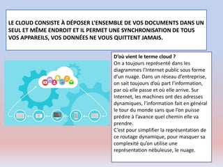 LE CLOUD CONSISTE À DÉPOSER L’ENSEMBLE DE VOS DOCUMENTS DANS UN
SEUL ET MÊME ENDROIT ET IL PERMET UNE SYNCHRONISATION DE TOUS
VOS APPAREILS, VOS DONNÉES NE VOUS QUITTENT JAMAIS.
D’où vient le terme cloud ?
On a toujours représenté dans les
diagrammes l’Internet public sous forme
d’un nuage. Dans un réseau d’entreprise,
on sait toujours d’où part l’information,
par où elle passe et où elle arrive. Sur
Internet, les machines ont des adresses
dynamiques, l’information fait en général
le tour du monde sans que l’on puisse
prédire à l’avance quel chemin elle va
prendre.
C’est pour simplifier la représentation de
ce routage dynamique, pour masquer sa
complexité qu’on utilise une
représentation nébuleuse, le nuage.
 