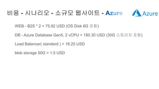 비용 - 시나리오 - 소규모 웹사이트 - Azure
WEB - B2S * 2 = 75.92 USD (OS Disk 8G 포함)
DB - Azure Database Gen5, 2 vCPU = 180.30 USD (30G ...