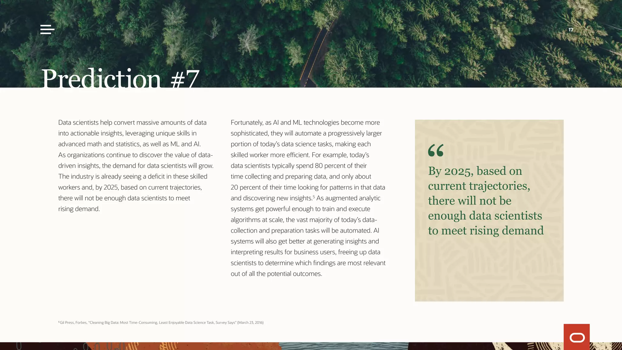 Data scientists help convert massive amounts of data
into actionable insights, leveraging unique skills in
advanced math and statistics, as well as ML and AI.
As organizations continue to discover the value of data-
driven insights, the demand for data scientists will grow.
The industry is already seeing a deficit in these skilled
workers and, by 2025, based on current trajectories,
there will not be enough data scientists to meet
rising demand.
Fortunately, as AI and ML technologies become more
sophisticated, they will automate a progressively larger
portion of today’s data science tasks, making each
skilled worker more efficient. For example, today’s
data scientists typically spend 80 percent of their
time collecting and preparing data, and only about
20 percent of their time looking for patterns in that data
and discovering new insights.5
As augmented analytic
systems get powerful enough to train and execute
algorithms at scale, the vast majority of today’s data-
collection and preparation tasks will be automated. AI
systems will also get better at generating insights and
interpreting results for business users, freeing up data
scientists to determine which findings are most relevant
out of all the potential outcomes.
Prediction #7
By 2025, based on
current trajectories,
there will not be
enough data scientists
to meet rising demand
5
Gil Press, Forbes, “Cleaning Big Data: Most Time-Consuming, Least Enjoyable Data Science Task, Survey Says” (March 23, 2016)
17
 