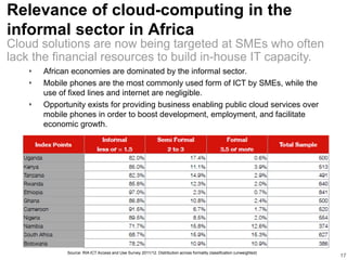 Relevance of cloud-computing in the
informal sector in Africa
‣ African economies are dominated by the informal sector.
‣ Mobile phones are the most commonly used form of ICT by SMEs, while the
use of fixed lines and internet are negligible.
‣ Opportunity exists for providing business enabling public cloud services over
mobile phones in order to boost development, employment, and facilitate
economic growth.
17
Cloud solutions are now being targeted at SMEs who often
lack the financial resources to build in-house IT capacity.
Source: RIA ICT Access and Use Survey 2011/12. Distribution across formality classification (unweighted)
 