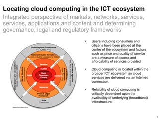Locating cloud computing in the ICT ecosystem
‣ Users including consumers and
citizens have been placed at the
centre of the ecosystem and factors
such as price and quality of service
are a measure of access and
affordability of services provided
‣ Cloud computing is located within the
broader ICT ecosystem as cloud
services are delivered via an internet
connection.
‣ Reliability of cloud computing is
critically dependent upon the
availability of underlying (broadband)
infrastructure.
5
Integrated perspective of markets, networks, services,
services, applications and content and determining
governance, legal and regulatory frameworks
 
