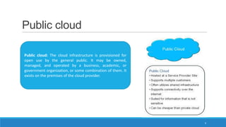 Public cloud
Public cloud: The cloud infrastructure is provisioned for
open use by the general public. It may be owned,
managed, and operated by a business, academic, or
government organization, or some combination of them. It
exists on the premises of the cloud provider.

6

 