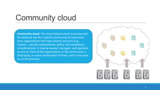 Community cloud
Community cloud: The cloud infrastructure is provisioned
for exclusive use by a specific community of consumers
from organizations that have shared concerns (e.g.,
mission, security requirements, policy, and compliance
considerations). It may be owned, managed, and operated
by one or more of the organizations in the community, a
third party, or some combination of them, and it may exist
on or off premises.

8

 