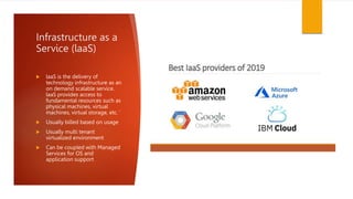 Infrastructure as a
Service (laaS)
 laaS is the delivery of
technology infrastructure as an
on demand scalable service.
laaS provides access to
fundamental resources such as
physical machines, virtual
machines, virtual storage, etc. ‘
 Usually billed based on usage
 Usually multi tenant
virtualized environment
 Can be coupled with Managed
Services for OS and
application support
 