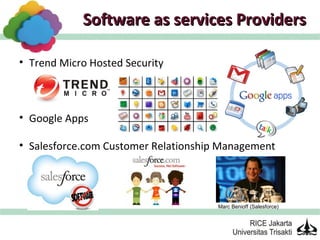 Software as services Providers

• Trend Micro Hosted Security



• Google Apps

• Salesforce.com Customer Relationship Management
  (CRM)


                                      Marc Benioff (Salesforce)
 