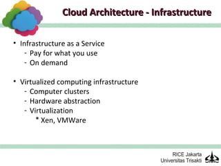 Cloud Architecture - Infrastructure

• Infrastructure as a Service
    - Pay for what you use
    - On demand

• Virtualized computing infrastructure
   - Computer clusters
   - Hardware abstraction
   - Virtualization
       * Xen, VMWare
 
