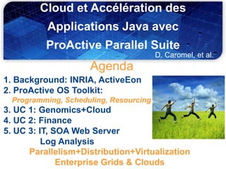 Cloud et Accélération des
          Applications Java avec
          ProActive Parallel Suite
                                        D. Caromel, et al.
                     Agenda
1. Background: INRIA, ActiveEon
2. ProActive OS Toolkit:
  Programming, Scheduling, Resourcing
3. UC 1: Genomics+Cloud
4. UC 2: Finance
5. UC 3: IT, SOA Web Server
          Log Analysis
      Parallelism+Distribution+Virtualization
              Enterprise Grids & Clouds
 