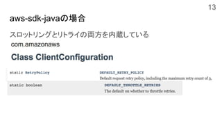 aws-sdk-javaの場合
スロットリングとリトライの両方を内蔵している
13
 