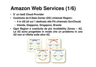 Amazon Web Services (1/6)
• E’ un IaaS Cloud Provider
• Costituito da 8 Data Center (DC) chiamati Region:
   – 4 in US (di cui 1 dedicato alla PA chiamato GovCloud)
   – Irlanda, Giappone, Singapore, Brasile
• Ogni Region è costituita da più Availability Zones – AZ.
  Le AZ sono progettate in modo che un problema in una
  AZ non si rifletta sulle altre AZ.
 