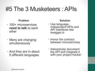 #5 The 3 Musketeers : APIs
Problem
• 100+ microservices
need to talk to each
other
• Many are changing
simultaneously
• And they are in about
5 different languages
Solution
• Use language-
independent APIs and
API interfaces like
swagger.io
• Honor the contract
between microservices
• Interactively document
the API and integrate it
with your project tracker
@cloudfoundryart
 