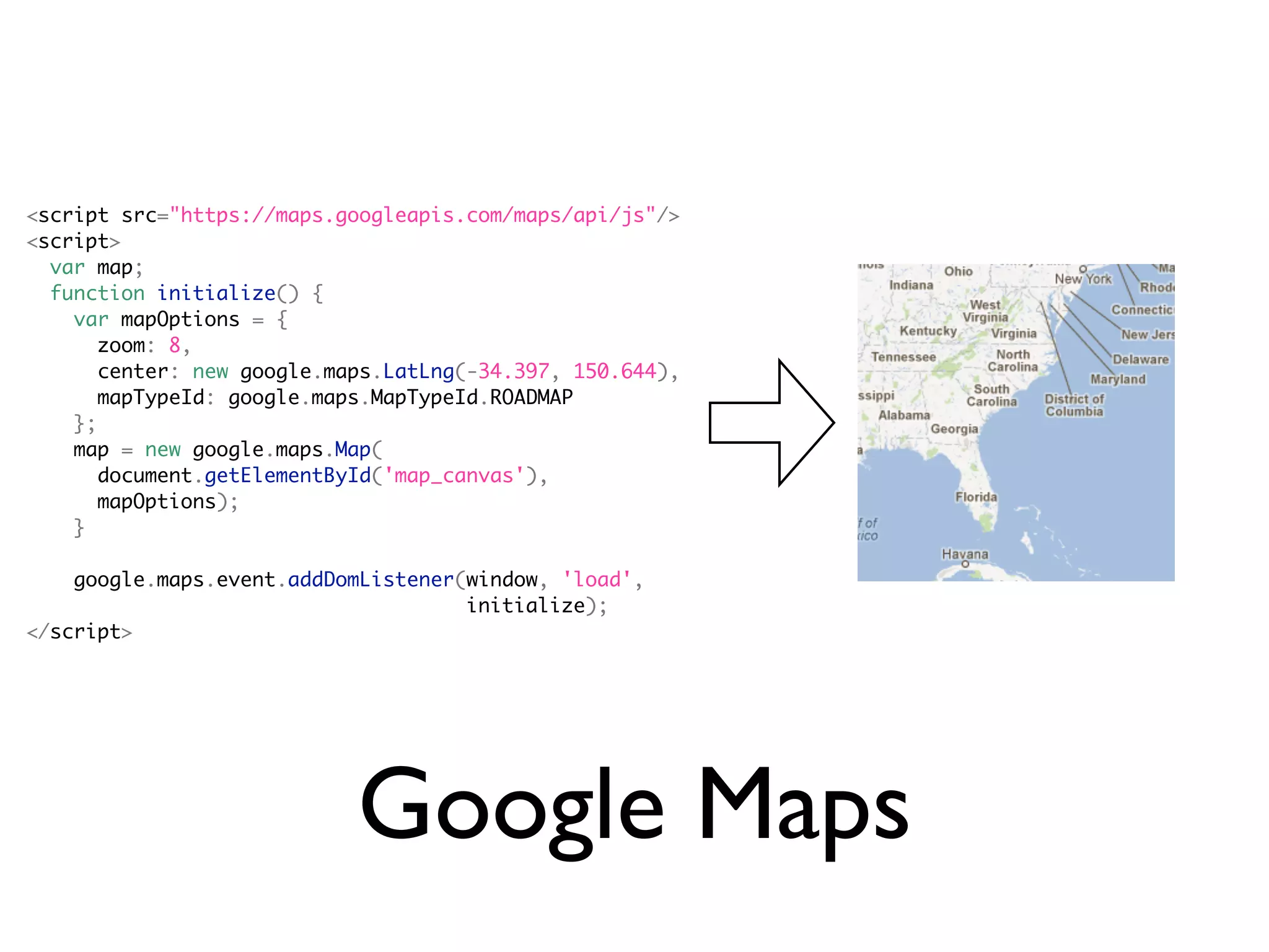 <script src="https://maps.googleapis.com/maps/api/js"/>
<script>
  var map;
  function initialize() {
    var mapOptions = {
       zoom: 8,
       center: new google.maps.LatLng(-34.397, 150.644),
       mapTypeId: google.maps.MapTypeId.ROADMAP
    };
    map = new google.maps.Map(
       document.getElementById('map_canvas'),
       mapOptions);
    }

    google.maps.event.addDomListener(window, 'load',
                                     initialize);
</script>




                            Google Maps
 
