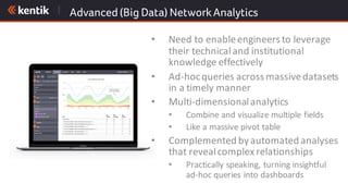 Advanced (Big Data) NetworkAnalytics
• Need	to	enable	engineers	to	leverage	
their	technical	and	institutional	
knowledge	effectively
• Ad-hoc	queries	across	massive	datasets	
in	a	timely	manner
• Multi-dimensional	analytics
• Combine	and	visualize	multiple	fields
• Like	a	massive	pivot	table
• Complemented	by	automated	analyses	
that	reveal	complex	relationships
• Practically	speaking,	turning	insightful	
ad-hoc	queries	into	dashboards
 