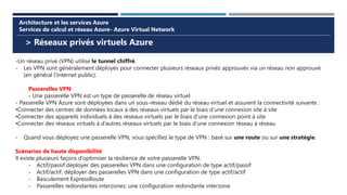 > Réseaux privés virtuels Azure
Architecture et les services Azure
Services de calcul et réseau Azure- Azure Virtual Network
-Un réseau privé (VPN) utilise le tunnel chiffré.
- Les VPN sont généralement déployés pour connecter plusieurs réseaux privés approuvés via un réseau non approuvé
(en général l’Internet public).
Passerelles VPN
- Une passerelle VPN est un type de passerelle de réseau virtuel.
- Passerelle VPN Azure sont déployées dans un sous-réseau dédié du réseau virtuel et assurent la connectivité suivante :
•Connecter des centres de données locaux à des réseaux virtuels par le biais d’une connexion site à site
•Connecter des appareils individuels à des réseaux virtuels par le biais d’une connexion point à site
•Connecter des réseaux virtuels à d’autres réseaux virtuels par le biais d’une connexion réseau à réseau
- Quand vous déployez une passerelle VPN, vous spécifiez le type de VPN : basé sur une route ou sur une stratégie.
Scénarios de haute disponibilité
Il existe plusieurs façons d’optimiser la résilience de votre passerelle VPN.
- Actif/passif:déployer des passerelles VPN dans une configuration de type actif/passif
- Actif/actif: déployer des passerelles VPN dans une configuration de type actif/actif
- Basculement ExpressRoute
- Passerelles redondantes interzones: une configuration redondante interzone
 
