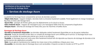 > Services de stockage Azure
Architecture et les services Azure
Les services de stockage Azure
La plateforme Stockage Azure comprend les services de données suivants :
•Objets blob Azure : magasin d’objets ( données texte ou binaires) hautement scalable. Prend également en charge l’analytique
Big Data via Data Lake Storage Gen2.
•Azure Files : partages de fichiers gérés pour les déploiements sur le cloud ou locaux.
•Files d’attente Azure : magasin de messagerie pour une messagerie fiable entre les composants d’application.
•Disques Azure : Volumes de stockage de niveau bloc pour les machines virtuelles Azure.
Avantages de Stockage Azure
•Durable et hautement disponible. Les données répliquées restent hautement disponibles en cas de panne inattendue.
•Sécurisé. Toutes les données écrites dans un compte de stockage Azure sont chiffrées par le service. Le Stockage Azure vous
permet de contrôler de manière plus précise qui a accès à vos données.
•Scalable. Le Stockage Azure est conçu pour être hautement évolutif afin de répondre aux besoins de stockage de données et de
performances des applications actuelles.
•Géré. Azure gère la maintenance du matériel, les mises à jour et les problèmes critiques pour vous.
•Accessible. Les données dans le Stockage Azure sont accessibles n’importe où dans le monde via HTTP ou HTTP
 