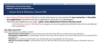 > Azure Active Directory (Azure AD)
Architecture et les services Azure
L’identité, l’accès et la sécurité Azure
- Azure Active Directory (Azure AD) est un service d’annuaire qui vous permet de vous connecter et d’accéder
aux applications cloud Microsoft et aux applications cloud que vous développez.
- Azure AD peut également vous aider à gérer votre déploiement d’Active Directory local.
-Active Directory (local) sur Windows Server propose un service de gestion des identités et des accès qui est géré par
votre organisation.
Qui utilise Azure AD ?
Azure AD s’adresse aux publics suivants :
•Administrateurs informatiques. Les administrateurs peuvent utiliser Azure AD pour contrôler l’accès aux applications.
•Développeurs d’applications. Les développeurs peuvent utiliser Azure AD pour ajouter des fonctionnalités, ajouter la fonctionnalité SSO à
une application.
•Utilisateurs. Les utilisateurs peuvent gérer leurs identités telles que la réinitialisation de mot de passe.
•Abonnés aux services en ligne. Les abonnés Microsoft 365, Microsoft Office 365 utilisent déjà Azure AD pour s’authentifier dans leur
compte.
 