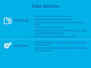 Data Services
            –   SQL Server Reporting provided as a service
            –   Reports authored using existing tools (BIDS)
Reporting   –   Reports can include rich Data Visualizations (Maps, Charts,
                Tablix)
                and exported to variety of formats
            –   Directly viewed in the browser or rendered as part of an app
                using the Reporting Viewer control
            –   Web Service interface to render & manage reports

            – Synchronize data from on-premises SQL Server to/from SQL
              Azure in the cloud
Data Sync   – Synchronize data between SQL Azure databases potentially in
              different data centers




                                                                         25
 
