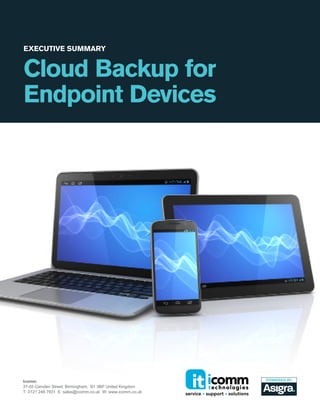 EXECUTIVE SUMMARY

Cloud Backup for
Endpoint Devices

Icomm  
37­55 Camden Street, Birmingham,  B1 3BP United Kingdom
T: 0121 248 7931  E: sales@icomm.co.uk  W: www.icomm.co.uk

 