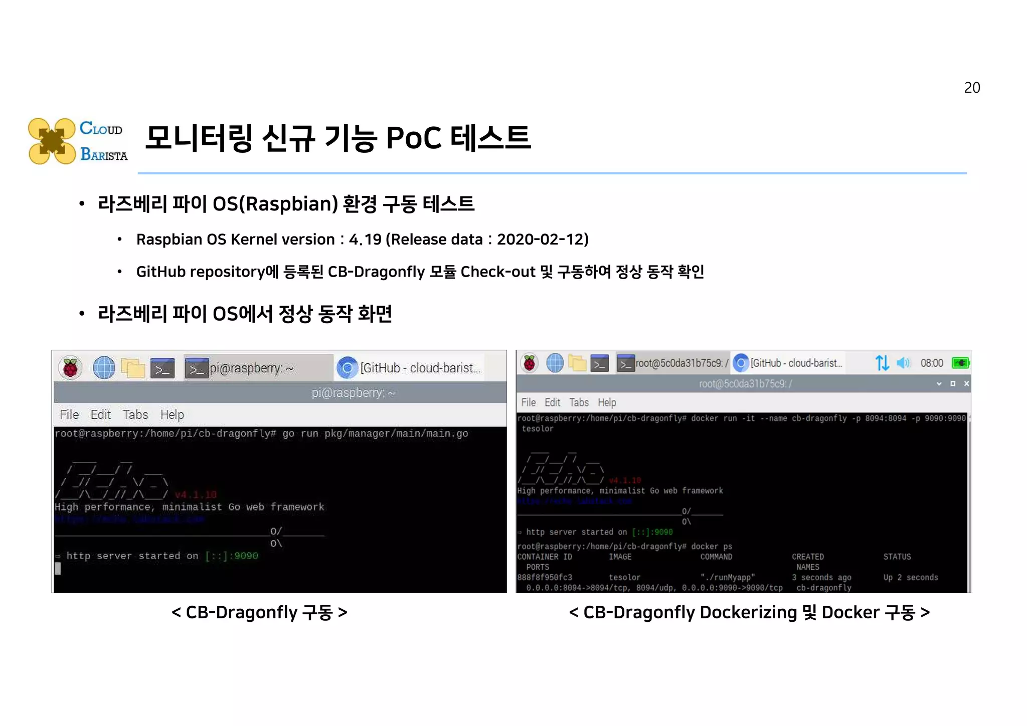 모니터링 신규 기능 PoC 테스트
• 라즈베리 파이 OS(Raspbian) 환경 구동 테스트
• Raspbian OS Kernel version : 4.19 (Release data : 2020-02-12)
• GitHub repository에 등록된 CB-Dragonfly 모듈 Check-out 및 구동하여 정상 동작 확인
• 라즈베리 파이 OS에서 정상 동작 화면
< CB-Dragonfly 구동 > < CB-Dragonfly Dockerizing 및 Docker 구동 >
20
 