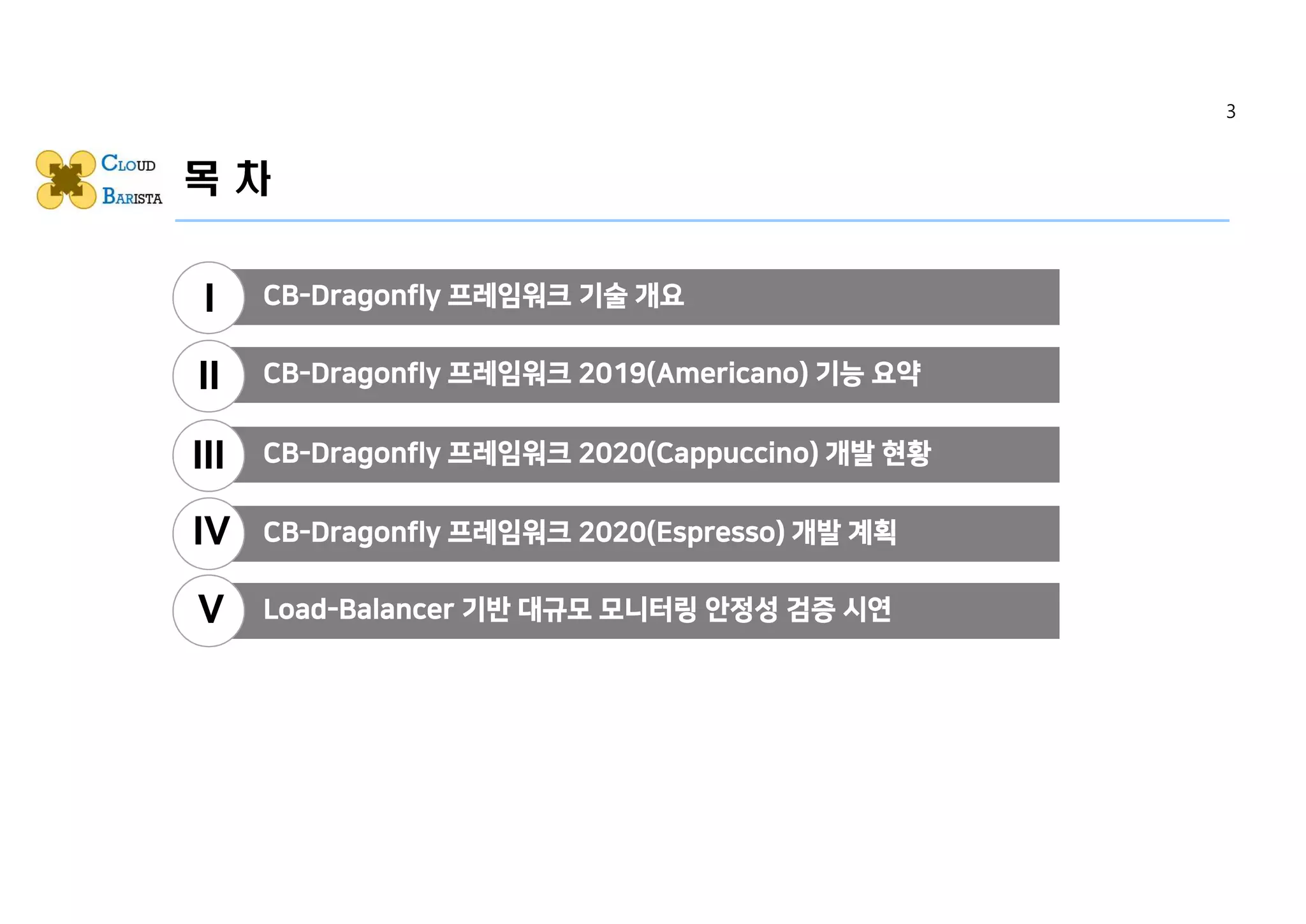 목 차
CB-Dragonfly 프레임워크 기술 개요
CB-Dragonfly 프레임워크 2019(Americano) 기능 요약
CB-Dragonfly 프레임워크 2020(Cappuccino) 개발 현황
CB-Dragonfly 프레임워크 2020(Espresso) 개발 계획
Load-Balancer 기반 대규모 모니터링 안정성 검증 시연
I
II
III
IV
V
3
 
