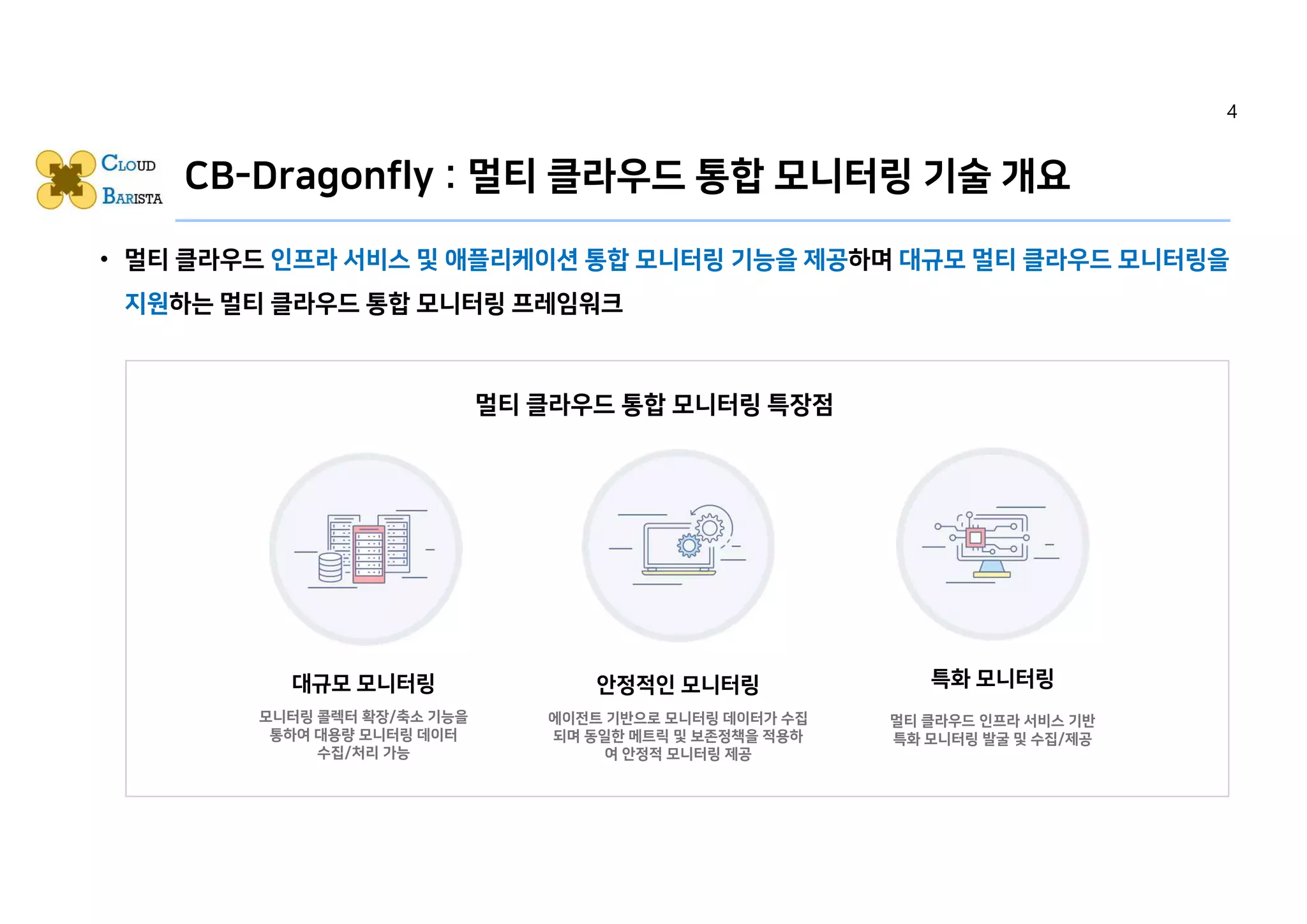 CB-Dragonfly : 멀티 클라우드 통합 모니터링 기술 개요
• 멀티 클라우드 인프라 서비스 및 애플리케이션 통합 모니터링 기능을 제공하며 대규모 멀티 클라우드 모니터링을
지원하는 멀티 클라우드 통합 모니터링 프레임워크
대규모 모니터링 안정적인 모니터링 특화 모니터링
모니터링 콜렉터 확장/축소 기능을
통하여 대용량 모니터링 데이터
수집/처리 가능
에이전트 기반으로 모니터링 데이터가 수집
되며 동일한 메트릭 및 보존정책을 적용하
여 안정적 모니터링 제공
멀티 클라우드 인프라 서비스 기반
특화 모니터링 발굴 및 수집/제공
멀티 클라우드 통합 모니터링 특장점
4
 