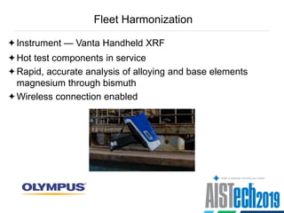 Fleet Harmonization
Instrument — Vanta Handheld XRF
Hot test components in service
Rapid, accurate analysis of alloying and base elements
magnesium through bismuth
Wireless connection enabled
 