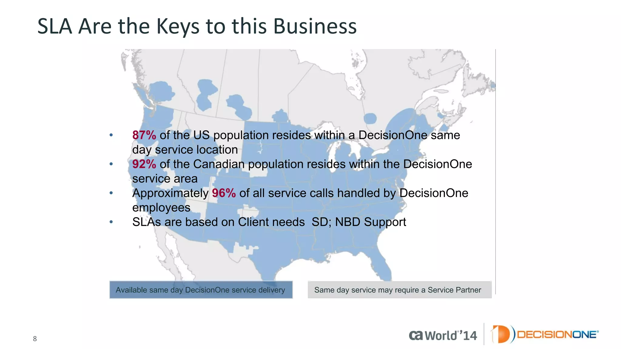 8 
© 2014 CA. ALL RIGHTS RESERVED. 
SLA Are the Keys to this Business 
Available same day DecisionOne service delivery 
Same day service may require a Service Partner 
•87%of the US population resides within a DecisionOne same day service location 
•92%of the Canadian population resides within the DecisionOne service area 
•Approximately 96%of all service calls handled by DecisionOne employees 
•SLAs are based on Client needs SD; NBD Support  