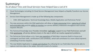 29 
© 2014 CA. ALL RIGHTS RESERVED. 
Summary 
Its all about Time and Cloud Services Have Helped Save a Lot of It 
Cloud Technologies including CA Cloud Service Management have Helped us Rapidly Transform our Service Management 
Service Event Management is made up of the following key components: 
–CSM, SEM Application, Technical Knowledge Base, Mobile Application and Technician Portal 
The new processes within the SEM application will allow us faster processing times, capturing of critical and actionable data and the ability to monitor our service delivery milestones throughout each service requests lifecycle. 
The Technical Knowledge base Provides immediate “self-help” support to our Field Techniciansand will help synchronizeall service delivery teams in the way in which we resolve equipment problems. 
The Technician Portal allows us to have one repository of field labor resources (both in-house and contingent) and their skills, certifications and schedules, which will contribute to a more robust dynamic scheduling of service requests. 
The new Mobile Application is simple and intuitive thus allowing for our Field labor force to be able to capture real-time data in the swipe, click and or push of a button.  