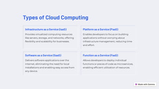 Types of Cloud Computing
Infrastructure as a Service (IaaS)
Provides virtualized computing resources
like servers, storage, and networks, offering
flexibility and scalability for businesses.
Platform as a Service (PaaS)
Enables developers to focus on building
applications without worrying about
infrastructure management, reducing time
and effort.
Software as a Service (SaaS)
Delivers software applications over the
internet, eliminating the need for local
installations and enabling easy access from
any device.
Function as a Service (FaaS)
Allows developers to deploy individual
functions or pieces of code as microservices,
enabling efficient utilization of resources.
 