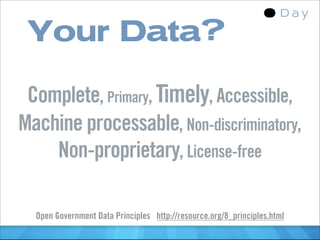 Your Data?

 Complete, Primary, Timely, Accessible,
Machine processable, Non-discriminatory,
    Non-proprietary, License-free

  Open Government Data Principles http://resource.org/8_principles.html
 