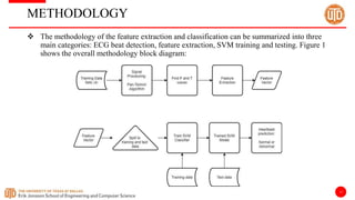 13
METHODOLOGY
 The methodology of the feature extraction and classification can be summarized into three
main categories: ECG beat detection, feature extraction, SVM training and testing. Figure 1
shows the overall methodology block diagram:
 