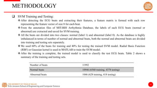 16
METHODOLOGY
 SVM Training and Testing:
 After detecting the ECG beats and extracting their features, a feature matrix is formed with each row
representing the feature vector of size 8 for each beat.
 From the annotation files of MIT-BIH Arrhythmia Database, the labels of each ECG beats (normal or
abnormal) are extracted and saved for SVM training.
 All the beats are divided into two classes: normal (label 1) and abnormal (label 0). As the database is highly
imbalanced in terms of number of normal and abnormal beats, both the normal and abnormal beats are divided
into training and testing sets separately.
 We used 60% of the beats for training and 40% for testing the trained SVM model. Radial Basis Function
(RBF) or Gaussian kernel is used in MATLAB to train the SVM model.
 After the training is complete, the trained model is used to classify the test ECG beats. Table 2 shows a
summary of the training and testing sets.
Number of beats 11992
Normal beats 10946 (6568 training, 4378 testing)
Abnormal beats 1046 (628 training, 418 testing)
 