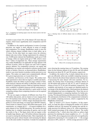 HEFEEDA et al.: CLOUD-BASED MULTIMEDIA CONTENT PROTECTION SYSTEM 431
Fig. 5. Comparing our matching engine versus the closest system in the liter-
ature, RankReduce.
it needs to scan at least 15% of the dataset (3X more than our
engine), which incurs signiﬁcantly more computation and I/O
overheads.
In addition to the superior performance in terms of average
precision, our engine is more efﬁcient in terms of storage
and computation. For storage, RankReduce needs to store the
whole reference dataset multiple times in hash tables; up to
32 times. On the other hand, our engine stores the reference
dataset only once in bins. Storage requirements for a dataset of
size 32,000 points indicate that RankReduce needs up to 8 GB
of storage, while our engine needs up to 5 MB, which is more
than 3 orders of magnitude less. These storage requirements
may render RankReduce not applicable for large datasets with
millions of points, while our engine can scale well to support
massive datasets. For computation resources, our engine and
RankReduce use similar scan method to reference points found
in bins or buckets. However, as discussed above, RankReduce
needs to scan more buckets to produce similar precision as our
engine. This makes our engine more computationally efﬁcient
for a given target precision, as it scans fewer bins.
Scalability and Elasticity of Our Engine. We conduct mul-
tiple experiments to show that our engine is scalable and elastic.
Scalability means the ability to process large volumes of data,
while elasticity indicates the ability to efﬁciently utilize various
amounts of computing resources. Both are important character-
istics: scalability is needed to keep up with the continuously in-
creasing volumes of data and elasticity is quite useful in cloud
computing settings where computing resources can be acquired
on demand.
We run our engine on datasets of different sizes from 10 to
160 million data points, and on clusters of sizes ranging from
8 to 128 machines from Amazon. These data points are visual
features extracted from 1 million images download from Ima-
geNet [7]. From each image, we extract up to 200 SIFT features,
which results in a dataset of up to 200 million data points. In all
experiments, we compute the nearest neighbors for a
query dataset of size 100,000 data points. We measure the total
running time to complete processing all queries, and we plot
the results in Fig. 6. The ﬁgure shows that our engine is able
to handle large datasets, up to 160 million reference data points
are used in creating the distributed index. More importantly, the
running time grows almost linearly with increasing the dataset
size on the same number of machines. Consider for example the
Fig. 6. Running times of different dataset sizes on different number of
machines.
Fig. 7. Effect of on running time and accuracy.
curve showing the running times on 32 machines. The running
times for the reference dataset of sizes 40, 80, and 160 million
data points are about 40, 85, and 190 minutes, respectively.
In addition, the results in Fig. 6 clearly indicate that our en-
gine can efﬁciently utilize any available computing resources.
This is shown by the almost linear reduction in the running time
of processing the same dataset with more machines. For ex-
ample, the running times of processing a reference dataset of
size 80 million data points are 160, 85, 52, and 27 minutes for
clusters of sizes 16, 32, 64, and 128 machines, respectively. The
scalability and elasticity of our engine are obtained mainly by
our design of the distributed index, which partitions the datasets
into independent and non-overlapping bins. These bins are al-
located independently to computing machines for further pro-
cessing. This data partitioning and allocation to bins enable ﬂex-
ible and dynamic distribution of the computational workload to
the available computing resources, which is supported by the
MapReduce framework.
Effect of Number of Nearest Neighbors. In this experi-
ment, we study the effect of changing the number of nearest
neighbors retrieved. We measure the running time and the av-
erage precision for different values of , while maintaining a
ﬁxed scanned percentage of the reference dataset. The results
are plotted in Fig. 7, which show that while we achieve high
precision for returning the closest neighbor (i.e., ), with
value of 94%, the average precision achieved is not signiﬁcantly
impacted by increasing . For example at the average
precision is 88%, and at the average precision is 82%,
 