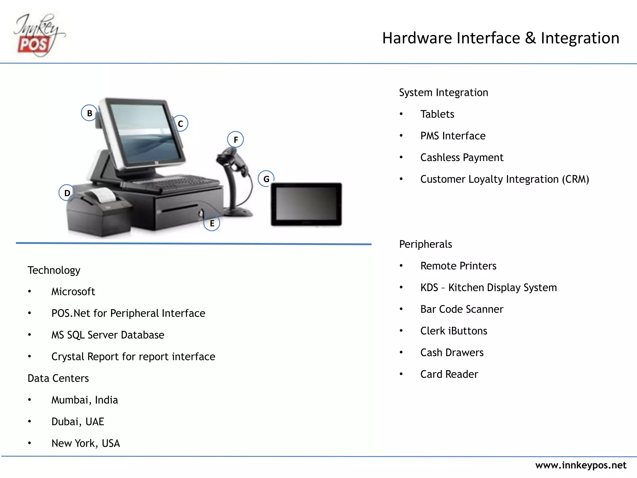 www.innkeypos.net
Hardware Interface & Integration
D
C
E
F
G
B
System Integration
• Tablets
• PMS Interface
• Cashless Payment
• Customer Loyalty Integration (CRM)
Peripherals
• Remote Printers
• KDS – Kitchen Display System
• Bar Code Scanner
• Clerk iButtons
• Cash Drawers
• Card Reader
Technology
• Microsoft
• POS.Net for Peripheral Interface
• MS SQL Server Database
• Crystal Report for report interface
Data Centers
• Mumbai, India
• Dubai, UAE
• New York, USA
 