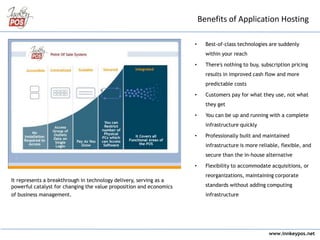 www.innkeypos.net
Benefits of Application Hosting
It represents a breakthrough in technology delivery, serving as a
powerful catalyst for changing the value proposition and economics
of business management.
• Best-of-class technologies are suddenly
within your reach
• There's nothing to buy, subscription pricing
results in improved cash flow and more
predictable costs
• Customers pay for what they use, not what
they get
• You can be up and running with a complete
infrastructure quickly
• Professionally built and maintained
infrastructure is more reliable, flexible, and
secure than the in-house alternative
• Flexibility to accommodate acquisitions, or
reorganizations, maintaining corporate
standards without adding computing
infrastructure
 
