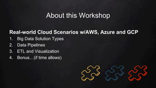 About this Workshop
Real-world Cloud Scenarios w/AWS, Azure and GCP
1.  Big Data Solution Types
2.  Data Pipelines
3.  ETL and Visualization
4.  Bonus…(if time allows)
 