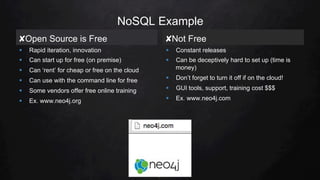 21
✘ Open Source is Free ✘ Not Free
§  Rapid iteration, innovation
§  Can start up for free (on premise)
§  Can ‘rent’ for cheap or free on the cloud
§  Can use with the command line for free
§  Some vendors offer free online training
§  Ex. www.neo4j.org
§  Constant releases
§  Can be deceptively hard to set up (time is
money)
§  Don’t forget to turn it off if on the cloud!
§  GUI tools, support, training cost $$$
§  Ex. www.neo4j.com
NoSQL Example
 