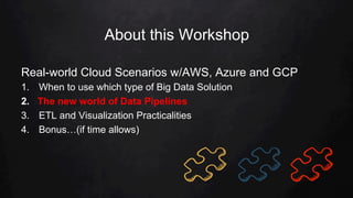 About this Workshop
Real-world Cloud Scenarios w/AWS, Azure and GCP
1.  When to use which type of Big Data Solution
2.  The new world of Data Pipelines
3.  ETL and Visualization Practicalities
4.  Bonus…(if time allows)
 