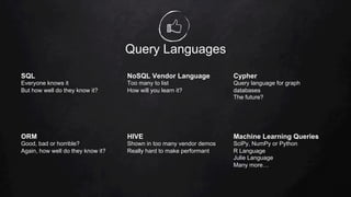Query Languages
SQL
Everyone knows it
But how well do they know it?
NoSQL Vendor Language
Too many to list
How will you learn it?
Cypher
Query language for graph
databases
The future?
ORM
Good, bad or horrible?
Again, how well do they know it?
HIVE
Shown in too many vendor demos
Really hard to make performant
Machine Learning Queries
SciPy, NumPy or Python
R Language
Julie Language
Many more…
 
