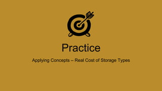 Practice
Applying Concepts – Real Cost of Storage Types
 