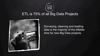 ETL is 75% of all Big Data Projects
Surveying, cleaning and loading
data is the majority of the billable
time for new Big Data projects.
 