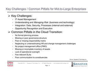 Key Challenges / Common Pitfalls for Mid-to-Large Enterprises

  Key Challenges:
    –   IT Asset Management
    –   Understanding and Managing Risk (business and technology)
    –   Integration: Data, Security, Processes (internal and external)
    –   Opportunity Recognition and Execution
  Common Pitfalls in the Cloud Transition:
    –   No formal planning process
    –   Missing or poor governance structure
    –   Poor or missing responsibility matrix
    –   Neglecting or underestimating HR and change management challenges
    –   No project management office (PMO)
    –   Missing or incomplete inventory of assets
    –   Lack of operational oversight
    –   Few relevant SLAs
    –   Poor communication to constituencies
                                                                                                             Source: Saugatuck Technology Inc.,
                                                                                                                                          Inc


           Copyright 2011 ǀ Saugatuck Technology, Inc. ǀ All Rights Reserved ǀ www.saugatucktechnology.com

                                                              Page: 11
 