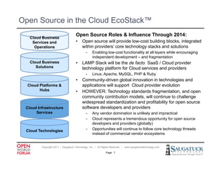 Open Source in the Cloud EcoStack™
                                    Open Source Roles & Influence Through 2014:
   Cloud Business
    Services and                    •    Open source will provide low-cost building blocks, integrated
     Operations                          within providers’ core technology stacks and solutions
                                            -    Enabling low-cost functionality at all layers while encouraging
                                                          low cost
                                                 independent development – and fragmentation
   Cloud Business                   •    LAMP Stack will be the de facto SaaS / Cloud provider
      Solutions                          technology platform for Cloud services and providers
                                            -    Linux, Apache, MySQL,
                                                 Linux Apache MySQL PHP & Ruby
                                    •    Community-driven global innovation in technologies and
  Cloud Platforms &                      applications will support Cloud provider evolution
        Hubs                        •    HOWEVER: Technology standards fragmentation, and open
                                         community contribution models, will continue t challenge
                                                  it     t ib ti     d l   ill   ti     to h ll
                                         widespread standardization and profitability for open source
 Cloud Infrastructure                    software developers and providers
      Services                              -    Any vendor domination is unlikely and impractical
                                            -    Cloud represents a tremendous opportunity for open source
                                                 developers and providers (globally)
 Cloud Technologies                         -    Opportunities will continue to follow core technology threads
                                                 instead of commercial vendor ecosystems


         Copyright 2011 ǀ Saugatuck Technology, Inc. ǀ All Rights Reserved ǀ www.saugatucktechnology.com

                                                            Page: 7
 