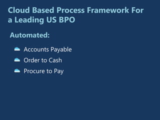 Cloud Based Process Framework For
a Leading US BPO
Automated:
   Accounts Payable
   Order to Cash
   Procure to Pay
 
