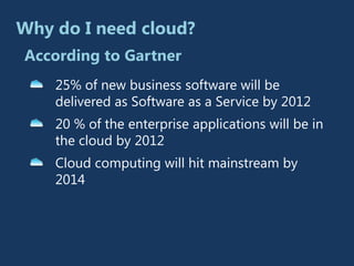 Why do I need cloud?
According to Gartner
    25% of new business software will be
    delivered as Software as a Service by 2012
    20 % of the enterprise applications will be in
    the cloud by 2012
    Cloud computing will hit mainstream by
    2014
 